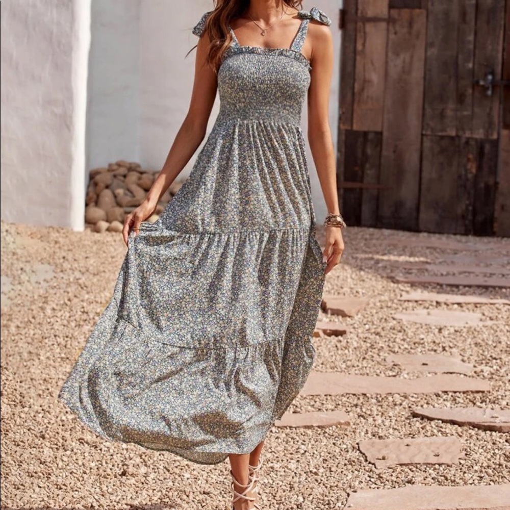 Boho floral shirred tie shoulder maxi dress
